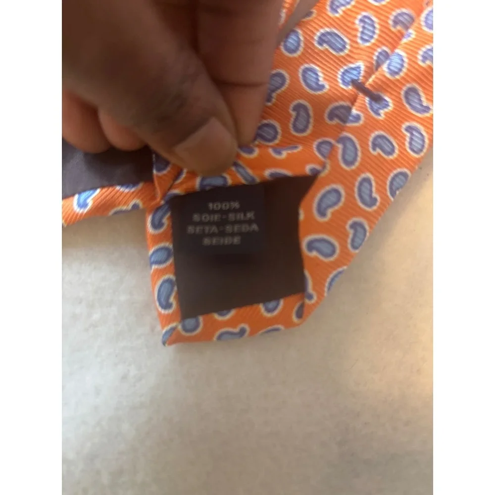 Faconnable Silk Tie Mens One Size Orange Paisley Hand Finished France